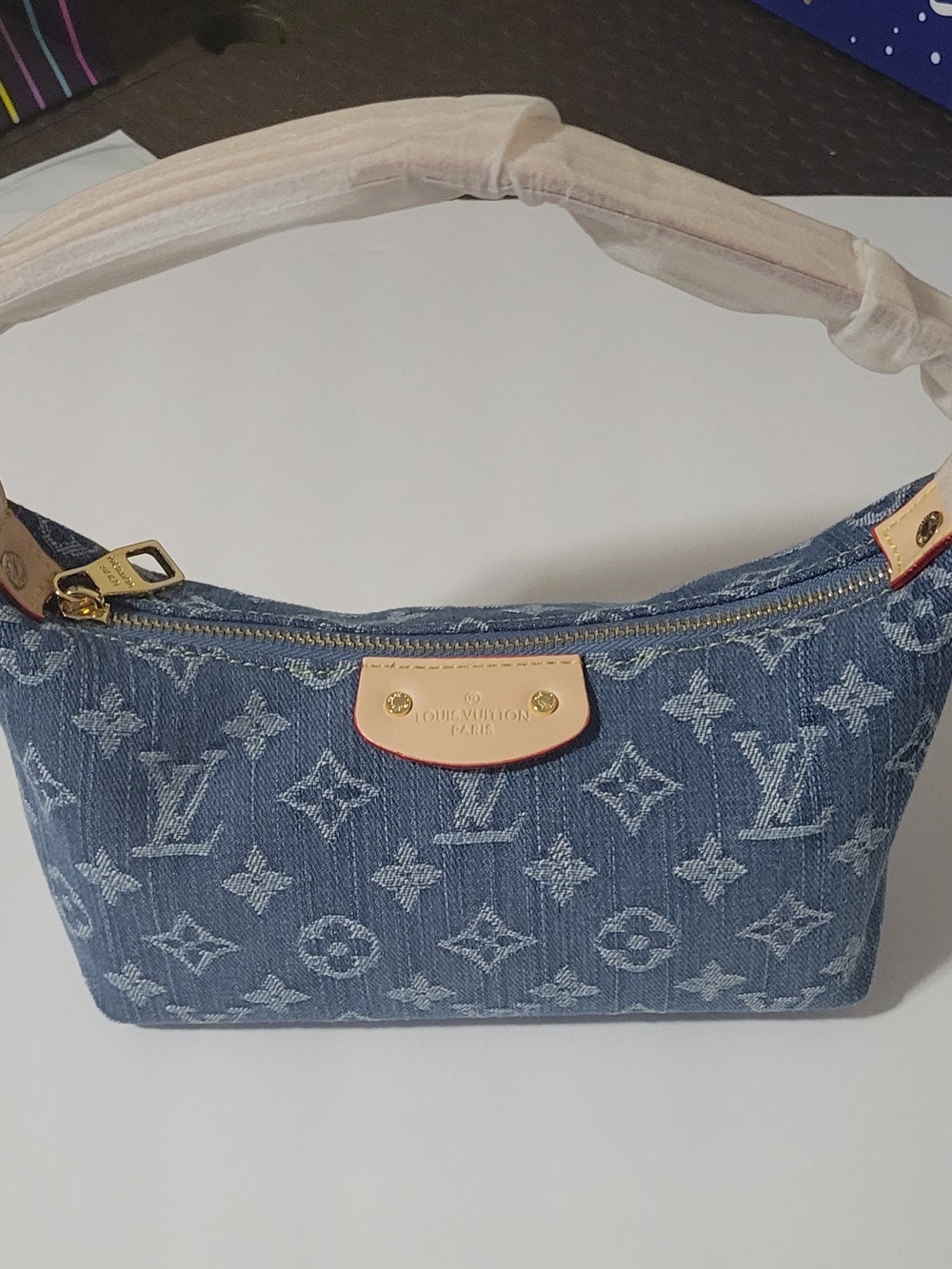 Denim Monogram Shoulder Bag with Cream Trim, Small